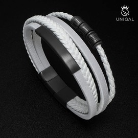 UNIQAL Black Shape Men's Leather Bracelet Stainless Steel Genuine Leather Case Box, Stainless Steel