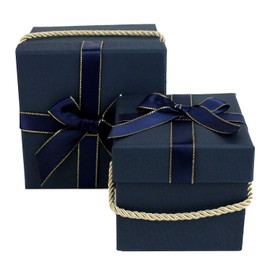 Emartbuy Set of 2 Rigid Luxury Square Shaped Presentation Gift Box, Dark Blue Gift Box with Satin Ribbon, Brown Interior and Golden Carry Handle