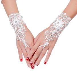 IYOU Bridal Wedding Gloves White Rhinestone Lace Gloves Flowers Short Fingerless Bridal Glove for Women Prom Party, White