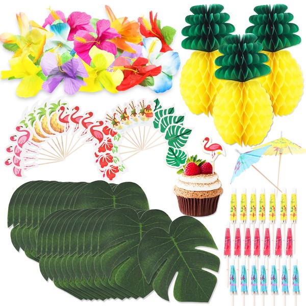 R HORSE 100 Packs Tropical Hawaiian Jungle Party Decoration Set Luau Party Supplies Decor Tropical Palm Leaves, Silk Hibiscus Flowers, Tissue Paper Pineapples, Cupcake Toppers, Paper Cocktail Umbrella