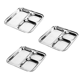 Satre Online and Marketing Stainless Steel Square Plates Set of 3, Lunch Dinner Thali Deep 3 Compartments -3 Pcs