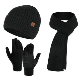 LONGTEN Winter Beanie Hat Scarf Touch Screen Driving Gloves Set for Men Women Ribbed Knit 3 in 1 Black