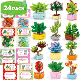Asoulin Valentines Day Gifts for Kids, 24 Packs Succulents Building Blocks with Valentines Day Cards for Kids School Boys Girls, Artificial Botanical Toy Exchange Gifts Classroom Prizes Party Favors