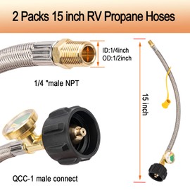 15 Inch Rv Propane Hoses with Gauge，Stainless Steel Braided Camper Tank Hose, Rv Lp Gas Hoses Connector For Standard Two-Stage Regulator 1/4-Inch Npt, 40lb 250psi, Qcc1 Fittings, 2 Pack