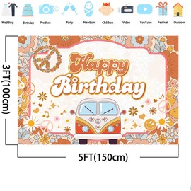 DIZHI Groovy Birthday Backdrop Party Decorations Boho Daisy Retro Flowers for Baby Girls Birthday Party Banner Vintage Two Groovy Background Photo Hippie Bus Birthday Party Banner 5x3ft