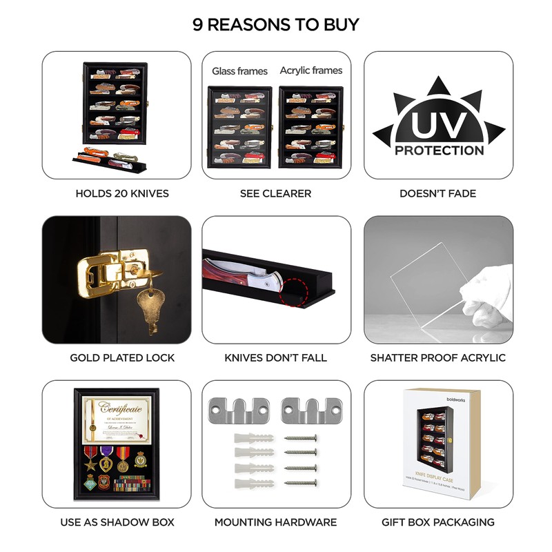 boldworks Pocket Kinfe Display Case for Wall Knife Display Box