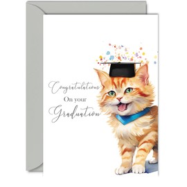 Graudation Card Congratulations - Party Cat Kitten- Pass Exam Gifts for Students Exam Pass School College Uni University, Well Done Congrats Card, A5 Graudation Greeting Cards