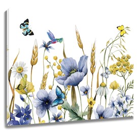 HVEST Blue and Yellow Floral Wall Art for Living Room, Spring Wildflower and Butterfly on White Canvas Wall Art Country Flower Picture Wall Decor for Bedroom Bathroom Decor Paintings,12L x 16W inches