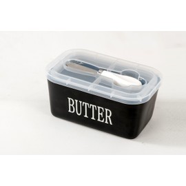Ceramic Butter Dish with Cover for Countertop, Butter Holder Keeper Container for Refrigerator, Airtight Sealing for Butter Fresh,Large Butter Dish with Lid (Black, Extra Large)