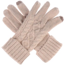 BYOS Women Winter Wool Blend Cable & Leafy Pattern Texting Knit Gloves w/Two Fingertips Conductive Tech for All Touch-Screen Devices Smartphone & Tablet (Beige Cable)