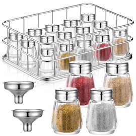 20 Pcs 0.5 oz Cube Shape Small Salt and Pepper Shakers Mini Glass Seasoning Jars with Rack and Funnels Tiny Spice Shakers for Wedding Party Restaurant Kitchen Supplies (Silver)