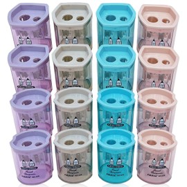 Eiflayn Pencil Sharpener, Pack of 16 Pencil Sharpeners with Container, Small Double Hole Pencil Sharpener, Children's Pencil Sharpener, Colourful Manual Pencil Sharpener, Suitable for Schools, Offices