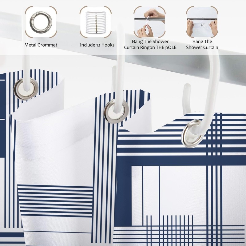 Yeele Navy Blue Geometric Line Art Shower Curtain, Modern Abstract