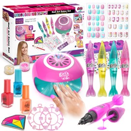 Amagoing Kids Nail Polish Set for Girls, Nail Kit for Girls Ages 7-12 with Nail Dryer, 2 in 1 Nail Pens, Sticky Cartoon Press on Fake Nail, DIY Sticker, Nail Set Play Salon Birthday Christmas Gift