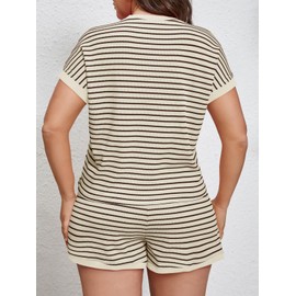 Beautife Womens Plus Size Lounge Set 2 Piece Outfits Stripe Short Sleeve Shirts Tops Shorts Summer Casual Loungewear Apricot