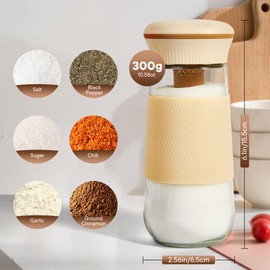 2-in-1 Salt Shakers for Kitchen with Measuring Spoon, BPA-Free Glass Spice Jars 0.3g Shake & 1g Scoop, Salt Container for Modern Home Kitchen Decor, Easy Filling（2PCS）