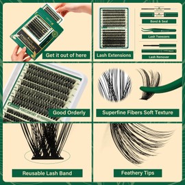 KEYYOU DIY Lash Extension Kit 280pcs Soft Lash Clusters 60D+80D D Curl Easy to Apply with Lash Bond and Seal Lash Applicator and Remover Eyelash Extension Kit at Home(RMkit-60D80D-D-8-16mix)