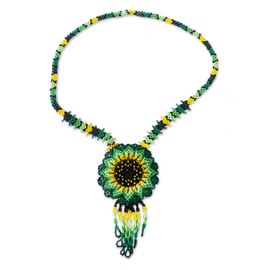 NOVICA Artisan Handmade Glass Beaded Pendant Necklace Mexican Artisan Crafted Sunflower No Stone Green Statement Long Mexico Floral [necklace Length 25.5 in L Necklace Width 7 mm W Pendant(s) 5 in L ]