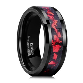 King Will Mens Black Wedding Band 8mm Tungsten Carbide Wedding Rings Red Foils Inlay High Polished Beveled Edge Unique Anniversary Rings Gift for Him Comfort Fit, Size 11