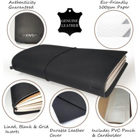 Fenspark Travel Journal Notebook, Retro Handmade Leather Journal Travelers Notebook, Refillable Travel Planner with 3 Inserts/Zipper Pouch/Chime, Black