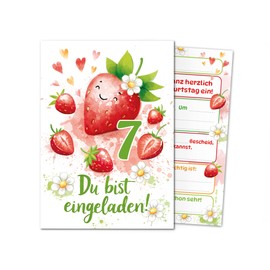 Junaversum 12 Invitations for 7th Children's Birthday Girls Kids Strawberries Cool Colourful Invitations Seventh Birthday Invitations Kids