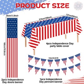 4th Of July American Flag Porch Banner Patriotic Party Decorations USA Triangle Flag Pennant Banner Red White and Blue Disposable Plastic Tablecloth for Memorial Day Independence Day Party Supplies
