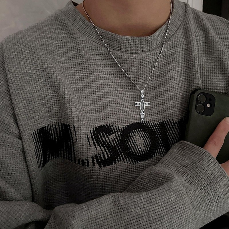 ROMANTICWORK Cross Necklace for Men 925 Sterling Silver Christian Fish