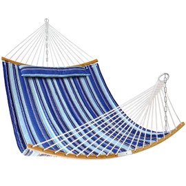 Double Hammock with Bamboo Wood Spreader Bars & Detachable Pillow, 2 Person 11 FT Portable Hammocks Bed Quilted Fabric Hammock for Yard Garden Balcony Indoor Outdoor, 440 Pound Capacity, Blue Stripe