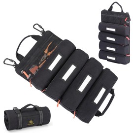 Roll up tool bag organizer with Carabiners - 4 Large Oversized Pockets with Labels-Tool roll bag organizer - Canvas foldable tool Bag organizer | Tool organizer bag for Mechanic, Electrician & more