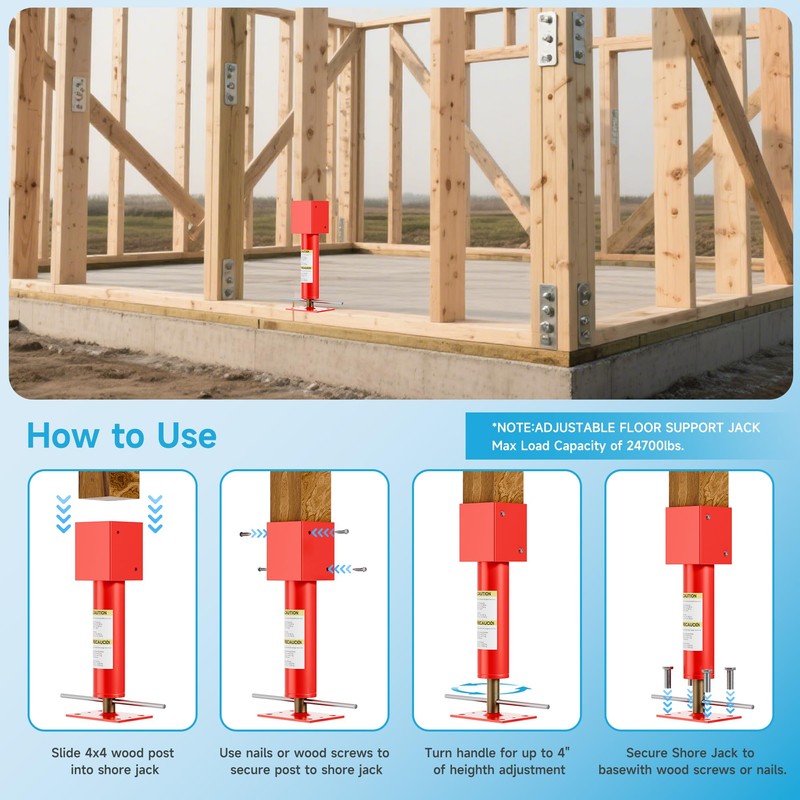 4x4 Screw Jack Post,Adjustable Floor Jack 12" - 16" Height