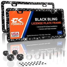 CK Formula Black Bling License Plate Frames, Rhinestone License Plate Frame, Diamond License Plate Frame for Women, Stainless Steel with 2 Holes, Automotive Exterior Accessories, 2 Pack