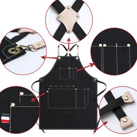 Jeanerlor Cotton Hair Stylist Apron Canvas Stylist Apron with 10 Pockets - Durable Work Aprons for Men and No Neck Pain Smart Cross-Back Straps Fully Adjustable L to XXXL（Black）