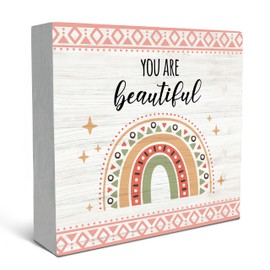 SRADMO Inspirational Desk Decor, You Are Beautiful Boho Rainbow Wood Box Sign, Encouragement Theme Wooden Block Box Sign Decoration for Girls Room Dorm Classroom Desk Shelf Table Decor