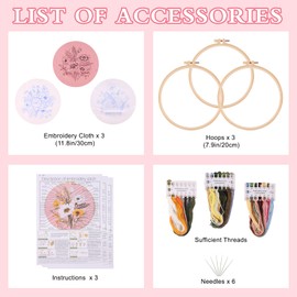 Winmany 3 Pack Flower Embroidery Kits for Adults and Beginners Cross Stitch Kit with Instructions, Nitrogen, Hoops, Threads Starter Craft Kit for Handmade Lovers