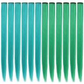 HUANLING 12PCS Colored Hair Extensions 21 inch Colored Party Highlights Straight Heat-resistant Synthetic Hairpieces Clip in Hair Accessories for Women(Green + Teal)