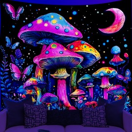 WEBEEDY Mysterious Mushroom Tapestry Blacklight Tapestry UV Reactive Mushroom Bush Butterfly Moon Tapestries Posters Room Decor for Bedroom Party Home Wall Hanging, 150x130cm