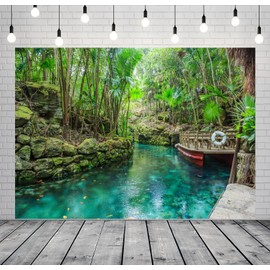 Loccor 7x5ft Fabric Natural Forest Backdrop Jungle Forest Blue River and Green Tree Landscape Photography Background Forest Adventure Portrait Photo Props