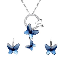 EleQueen 925 Sterling Silver Butterfly Denim Blue Pendant Necklace Stud Earrings Jewelry Set Made with Austrian Crystals, Valentine's Day/Mother's Day/Christmas Jewelry Gift for Girlfriend/Mom