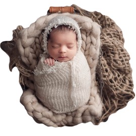 Baby Photography Props Luxurious Lace Hat with Blanket Newborn Photo Shoot Outfits Infant Princess Photos Hats Wrap Set (Cream)