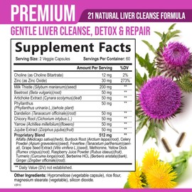 Liver Cleanse Detox & Repair Formula - 20-in-1 Advanced Liver Support Supplement with Silymarin Milk Thistle, Dandelion Root, Artichoke Extract, Turmeric, Choline, & Beetroot - 120 Veggie Capsules