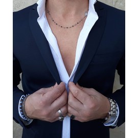 SAGA GIOIELLI® Unisex Black and Silver Ball Rosary Necklace Steel, Stainless Steel, No Gemstone