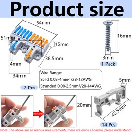 Dujelixa 2-in-10-out Terminal Block Kit (7 Pack), Lever Wire Connectors for Extensive Splicing, Dual Input to Ten Output, DIN Rail & Screw Mount, 28-12AWG, Hardware Included