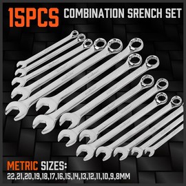 HORUSDY 15-Piece Metric Wrench Sets, V Notch Premium Combination Wrench Set Metric 8-22mm, Max Torque, 12-Point, Chrome Vanadium Steel, with Storage Rack