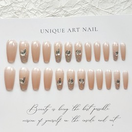 Hkanlre Rhinestones Press on Nails Nude Long Fake Nails Tips Full Cover Coffin False Nails for Women and Girls 24PCS
