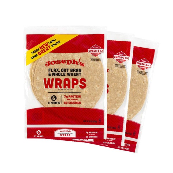 Joseph's Low Carb Wrap Value 3-Pack, Flax, Oat Bran and Whole Wheat, 8g Carbs Per Serving (6 Per Pack, 18 Wraps Total)
