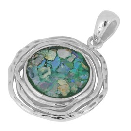 Sterling Silver Round Ancient Roman Glass Pendant Necklace with Textured Triple Frame and 18" Chain