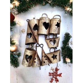 Mango Gifts Rustic Vintage Metal Heart Star Cutout Bells Tin Bells Christmas Tree Decoration, Mini Cow Bells for Crafts 2.25 "H (Set of 9 Pieces) with Jute Twine