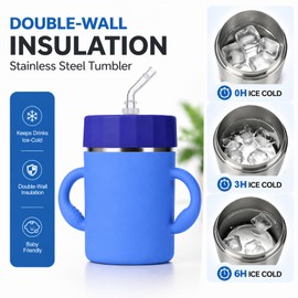 BUSOHA Kids Insulation Stainless Steel Tumbler - Kids Water Bottle with Handle Spill Proof Flexible Straw Sippy Cup Stainless Steel Training Cup for Picnic Travel,12oz,Blue