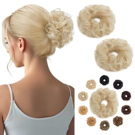 Hairro Human Hair Messy Bun, 100% Real Ponytail Hair Scrunchies, Natural Curly Chignon Fluffy Donut Updo, Hairpiece with Elastic Rubber Band for Women, 2 Count Platinum Blonde Wavy