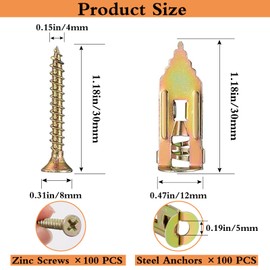 200 Pcs Self Drilling Drywall Anchors with Screws,100 Sheetrock Anchors (0.47x1.18 Inch) & 100 Zinc Expansion Screws,No Drill Needed,Hold 66LB for TV, Shelves, Cabinets
